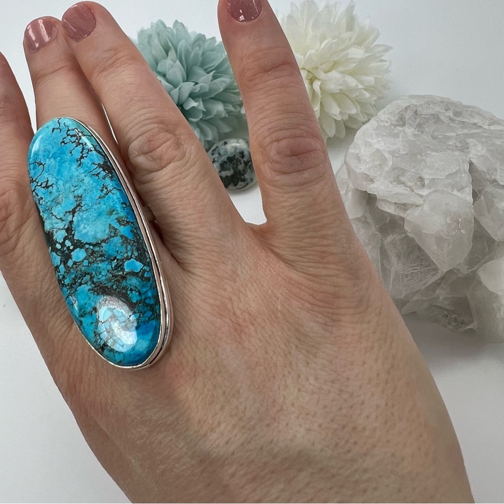 *SOLD* Long Chunky Turquoise Ring Size 11 New Sterling Silver 925 - Picture 5 of 10